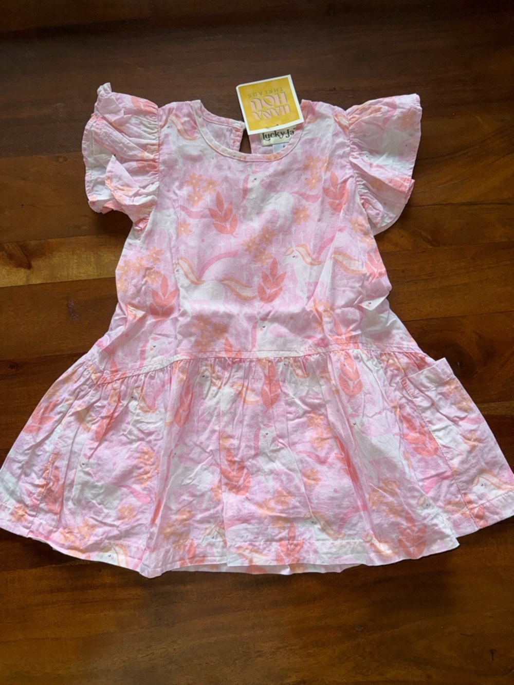 Lucky Jade Pink‎ & Peach Unicorn Print Flutter-Sleeve Girls Dress